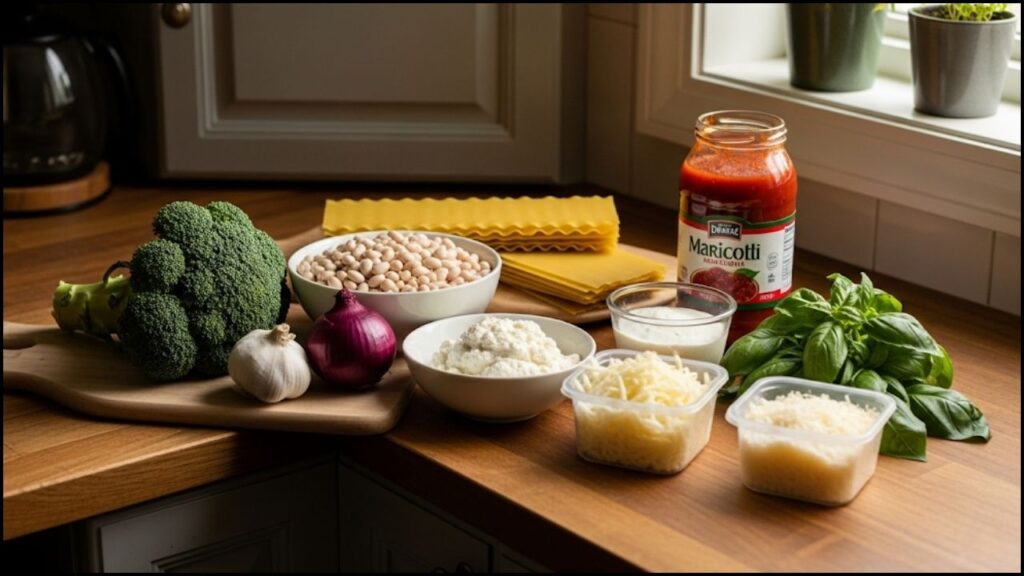 Ingredients for Stovetop Broccoli and White Bean Lasagna