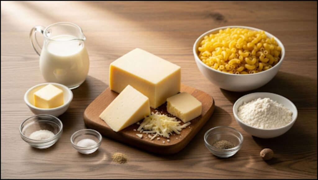 Ingredients for White Cheddar Mac n' Cheese