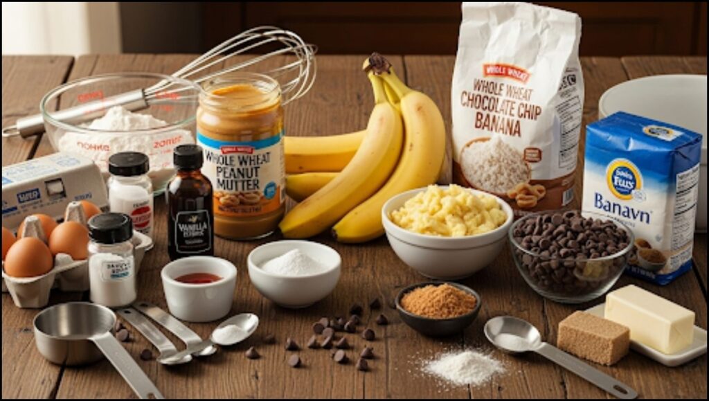 Ingredients for Whole Wheat Chocolate Chip Banana Peanut Butter Muffins