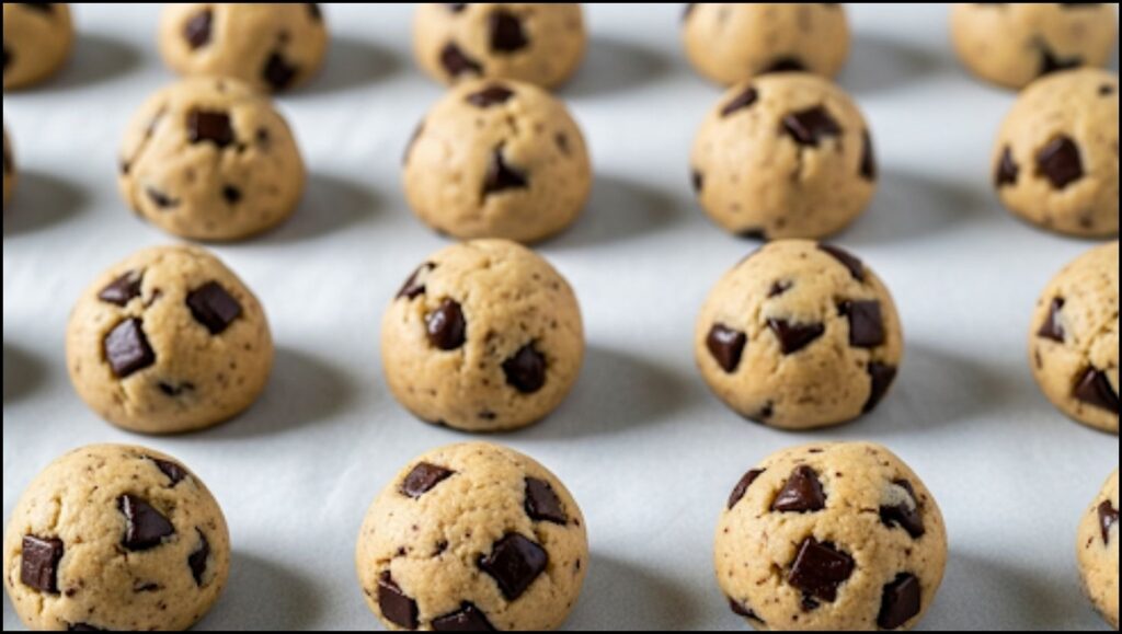 Neatly spaced balls of chocolate cookie dough