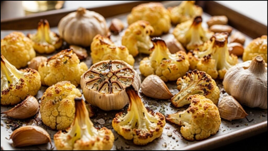 Roasted cauliflower florets and garlic cloves
