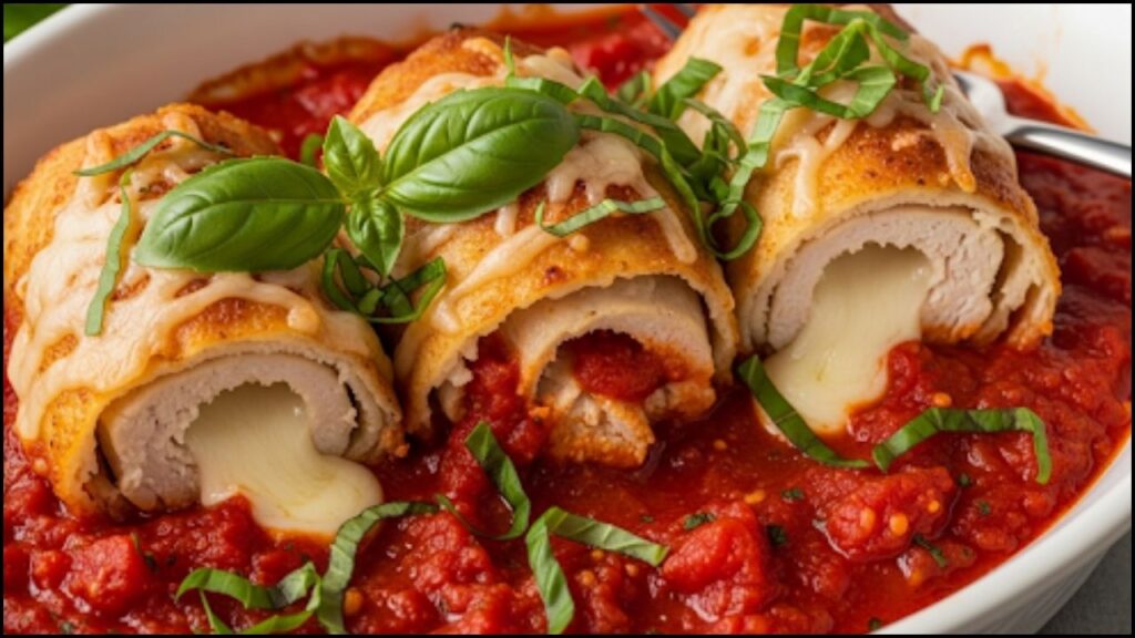 Rolls nestled in a vibrant red tomato sauce