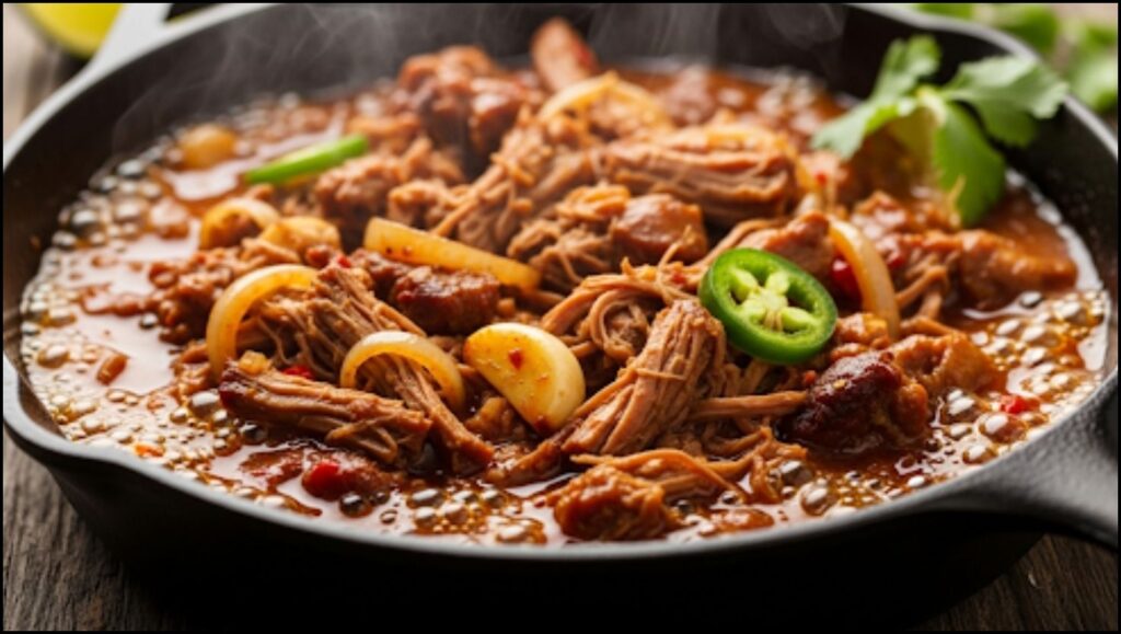 Savory carnitas filling simmering