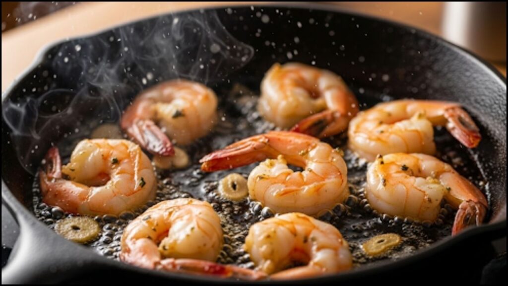 Sizzling shrimp searing