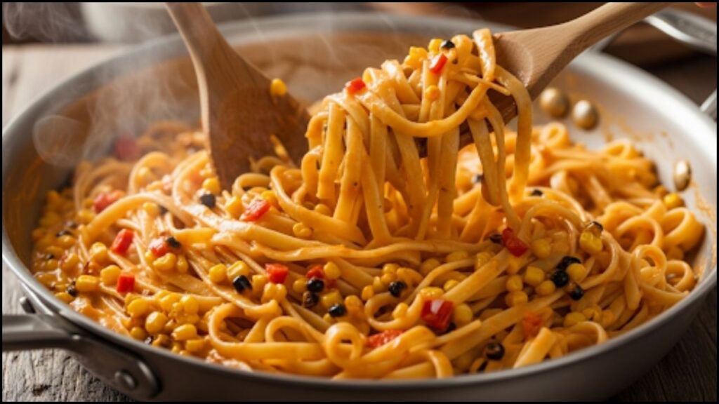 Tossing the cooked fettuccine