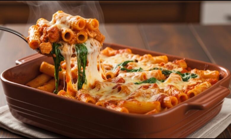 Baked Rigatoni with Spinach Provolone and Turkey