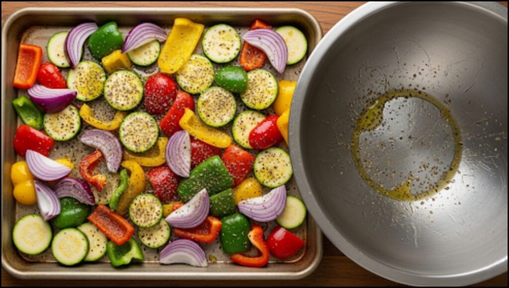 baking sheet with chopped vegetables