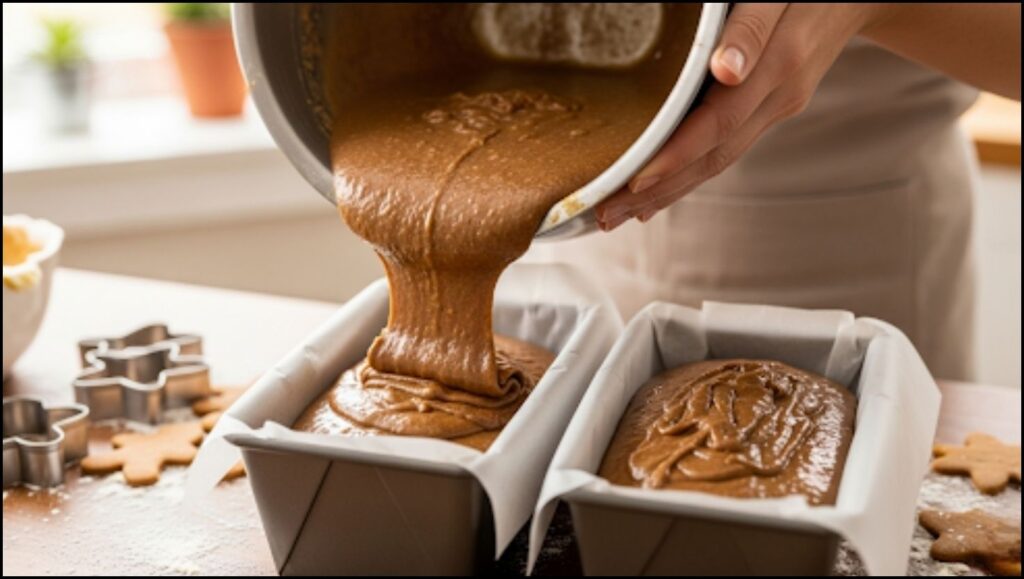 brown gingerbread batter being poured