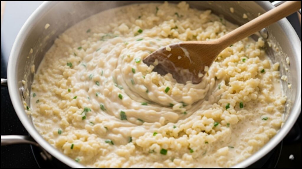 cauliflower garlic rice being stirred