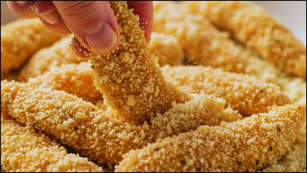chicken strips being coated