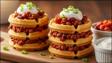 Chili and Cornbread Waffle Stacks