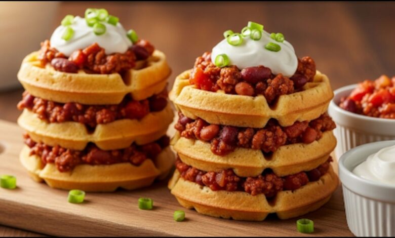 Chili and Cornbread Waffle Stacks