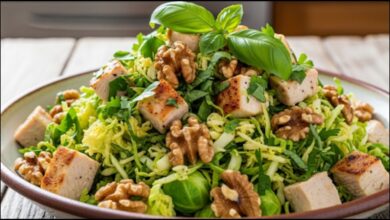 Chopped Brussels Sprout Salad with Chicken and Walnuts