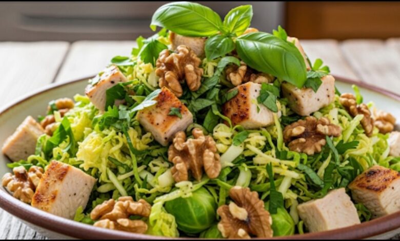 Chopped Brussels Sprout Salad with Chicken and Walnuts