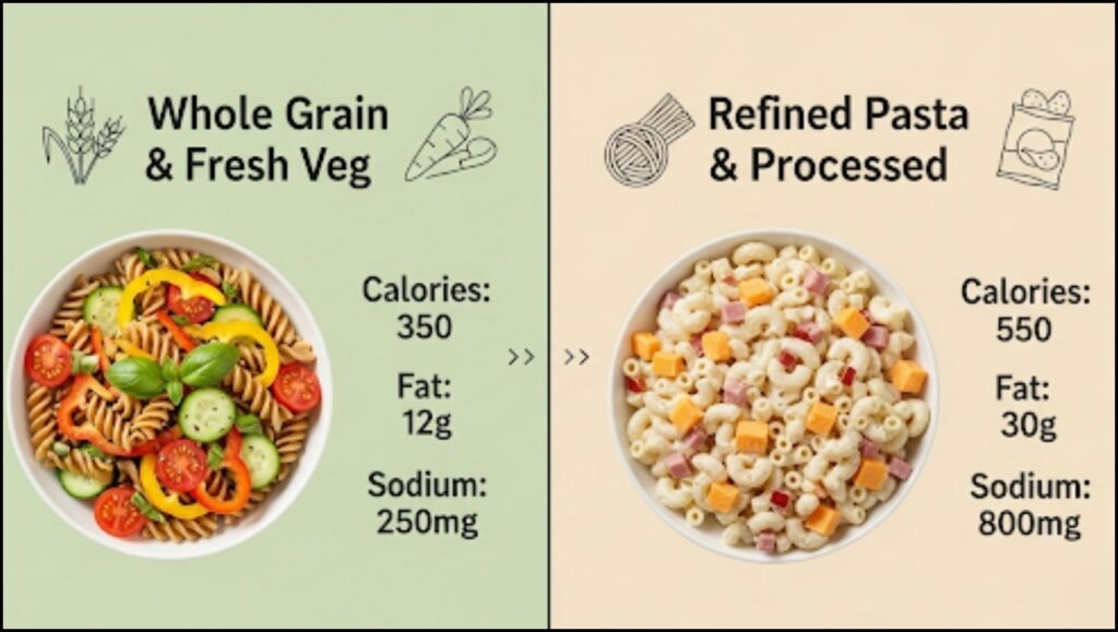 comparing two versions of the minimalist pasta salad