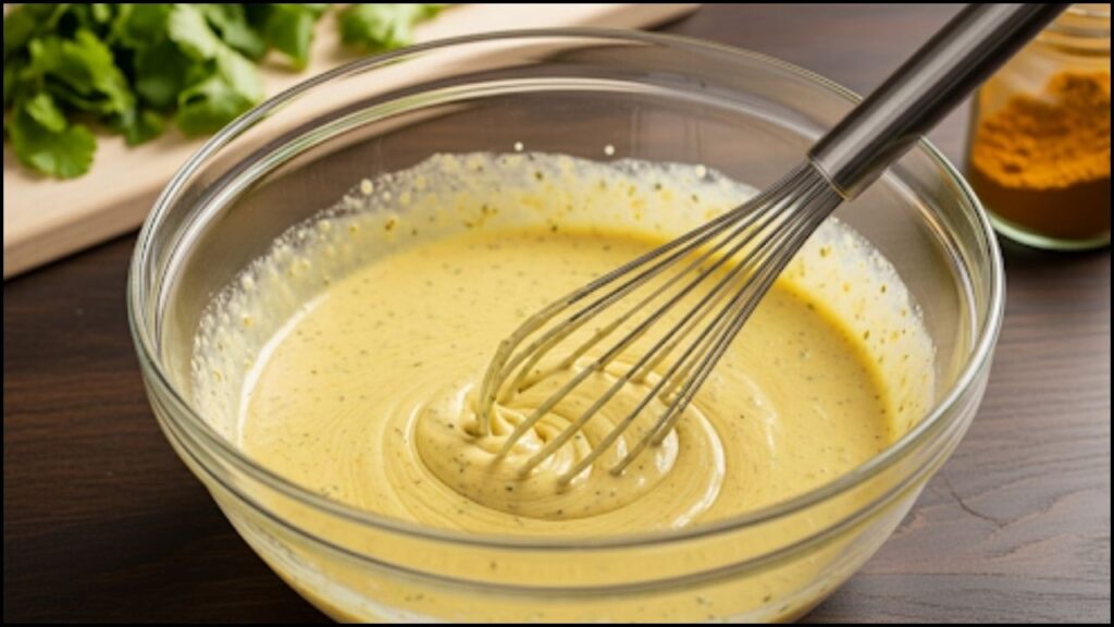 creamy yellow curry dressing being whisked