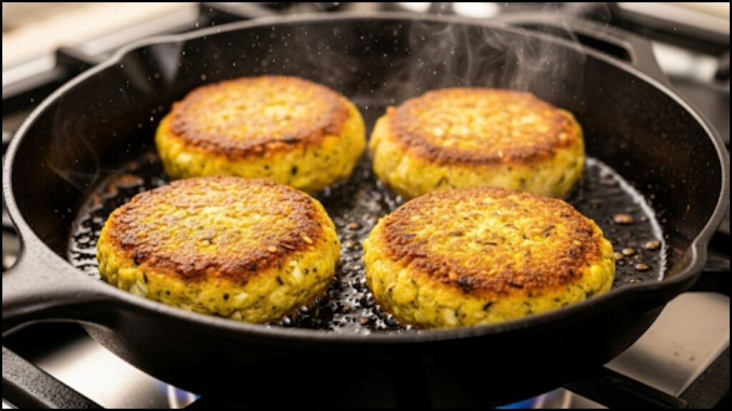 curried veggie burger patties sizzling