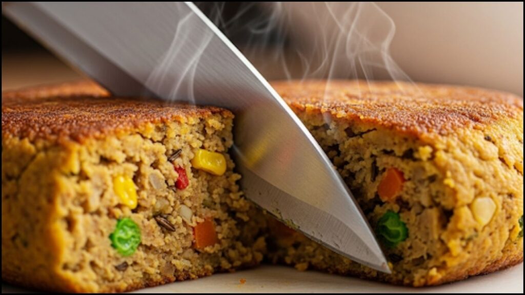 curried veggie patty being sliced in half