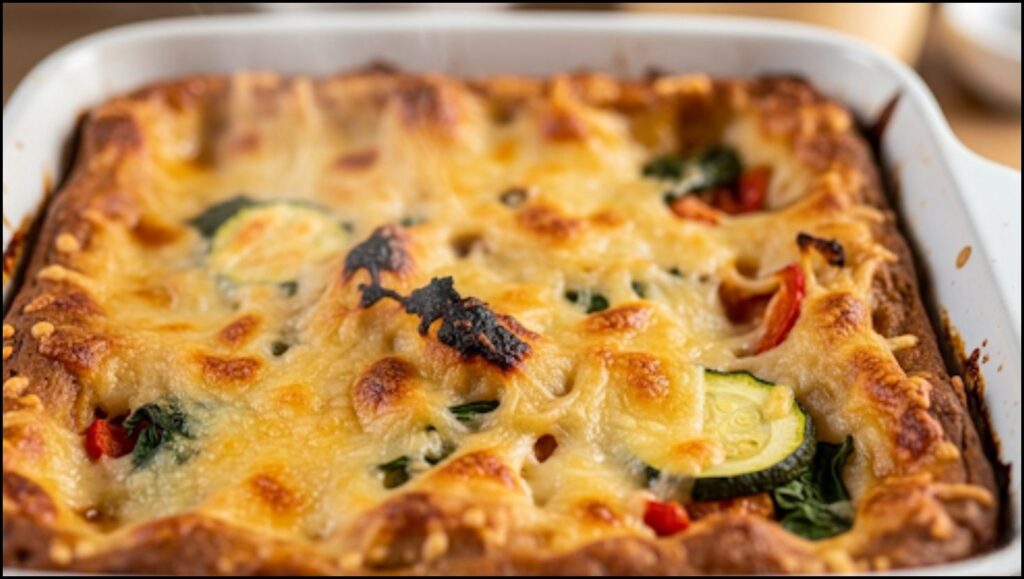 golden-brown lasagna with melted and bubbly cheese
