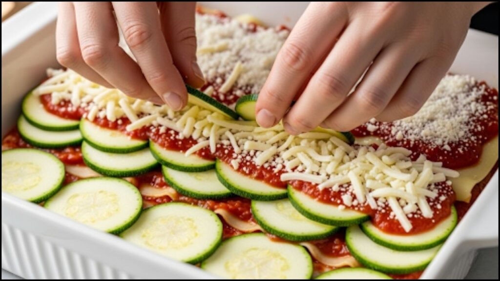 layering of sauce and cheese on top
