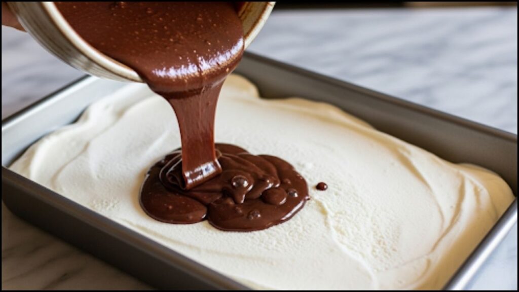 melted chocolate fudge being poured