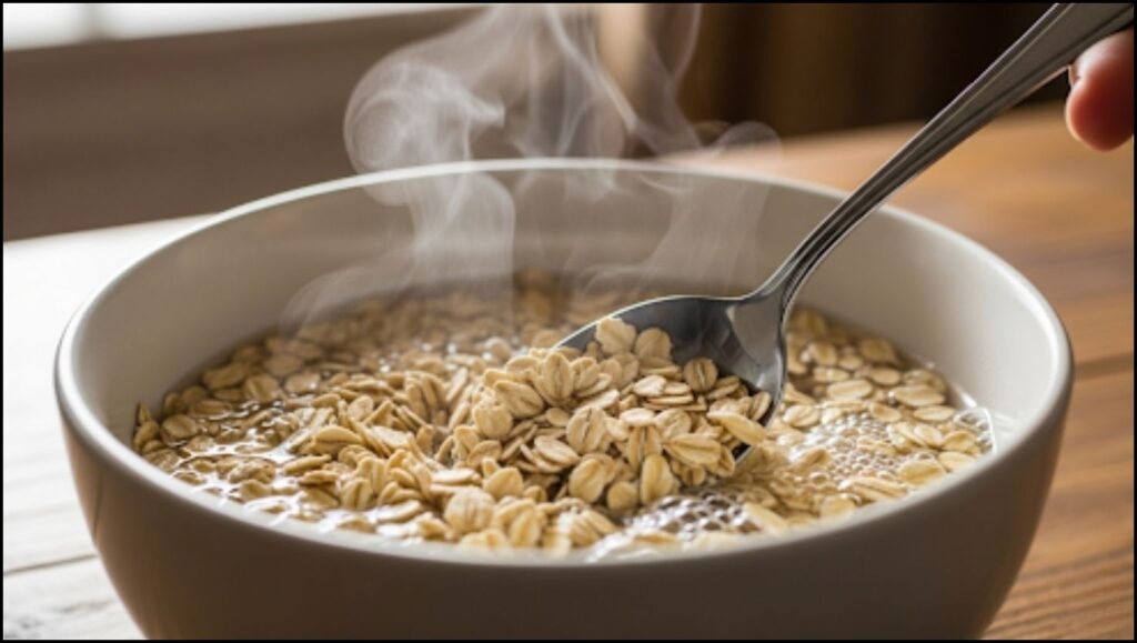 oats and boiling water being mixed together