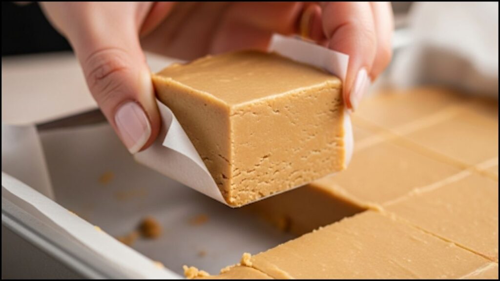 perfect square of creamy peanut butter fudge