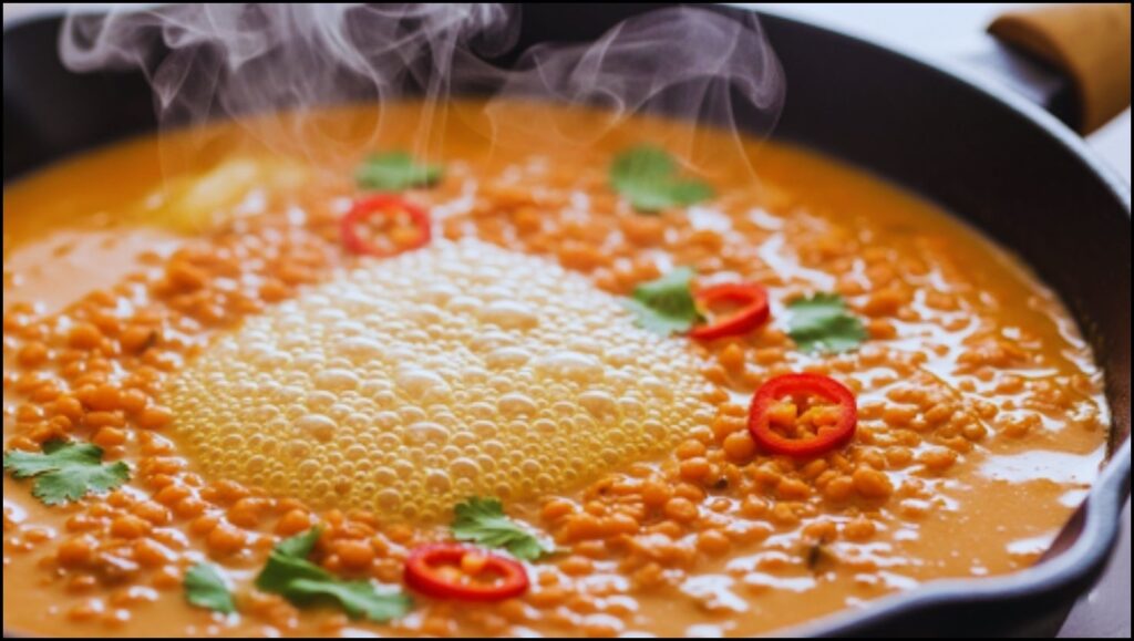 red lentils simmering in a coconut milk