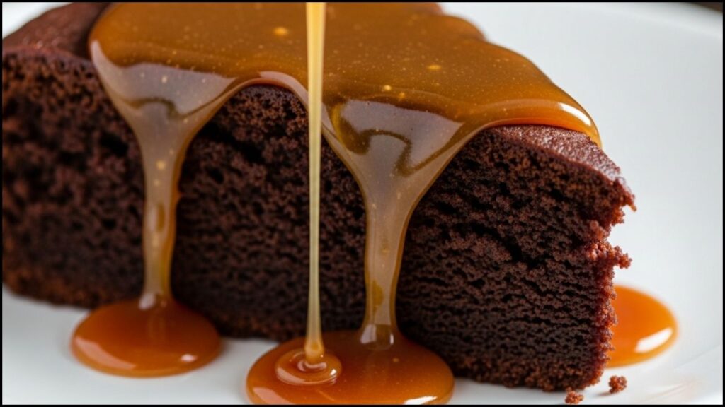 sauce being drizzled over the baked chocolate cake