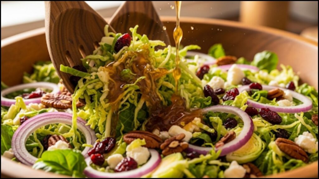 shredded Brussels sprouts and other salad ingredients being tossed