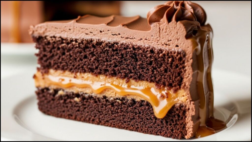 slice of the gooey chocolate caramel cake