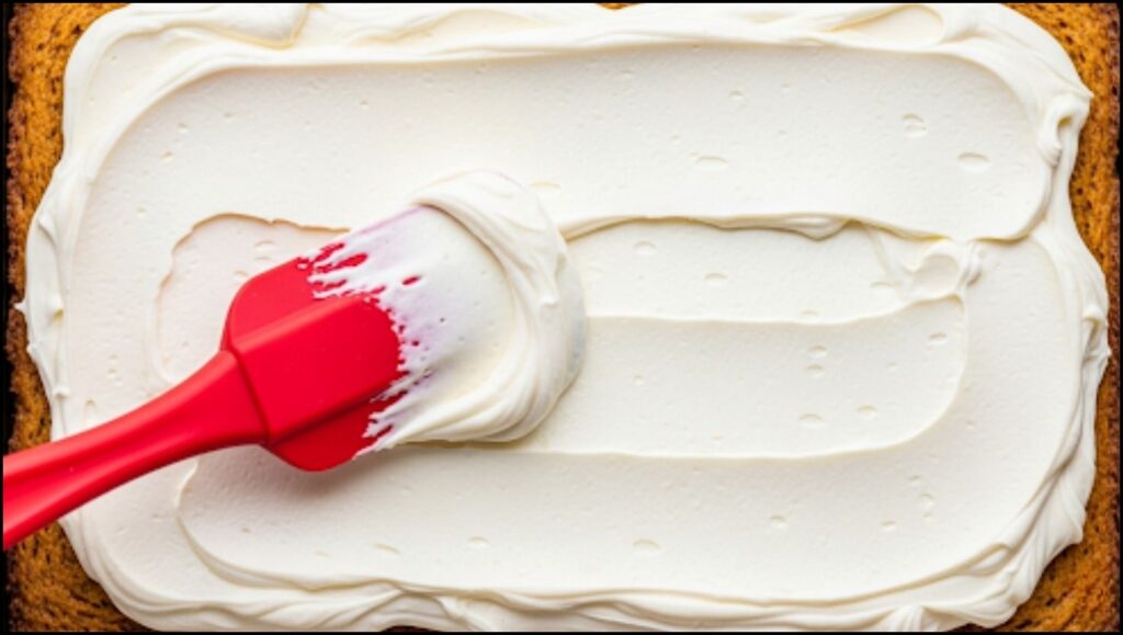 spatula spreading a thick layer of white cream cheese frosting