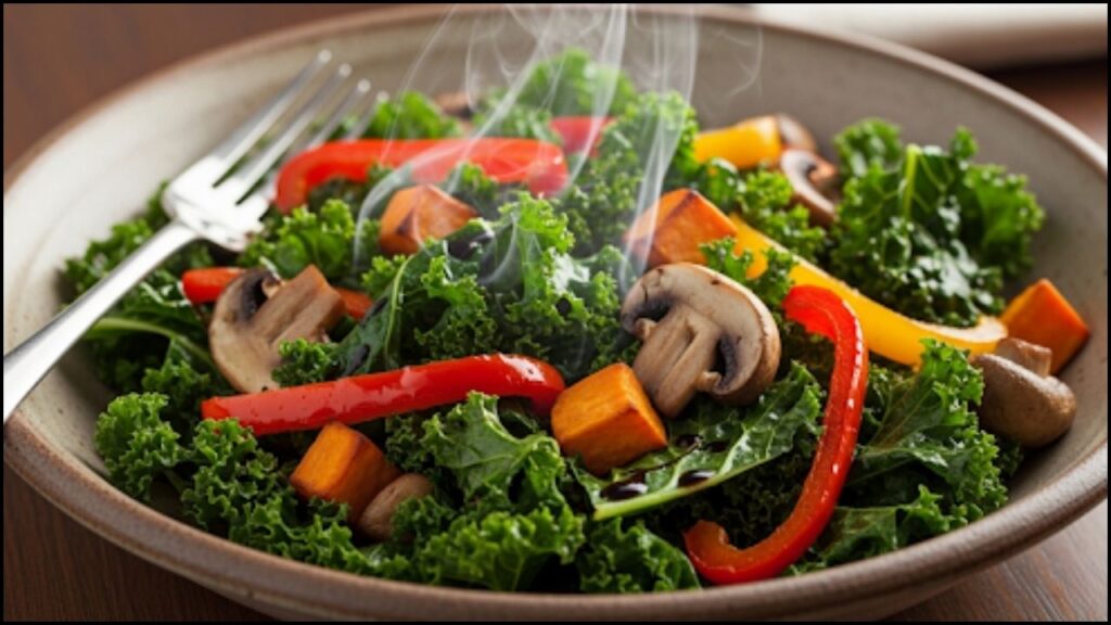 steam rising from the roasted vegetables