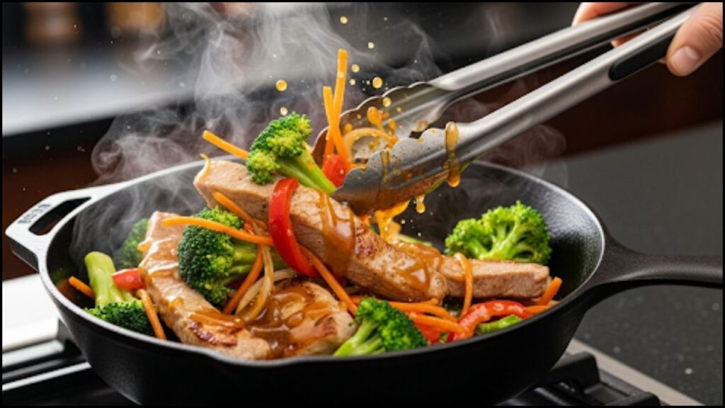 tossed pork, veggies and sauce