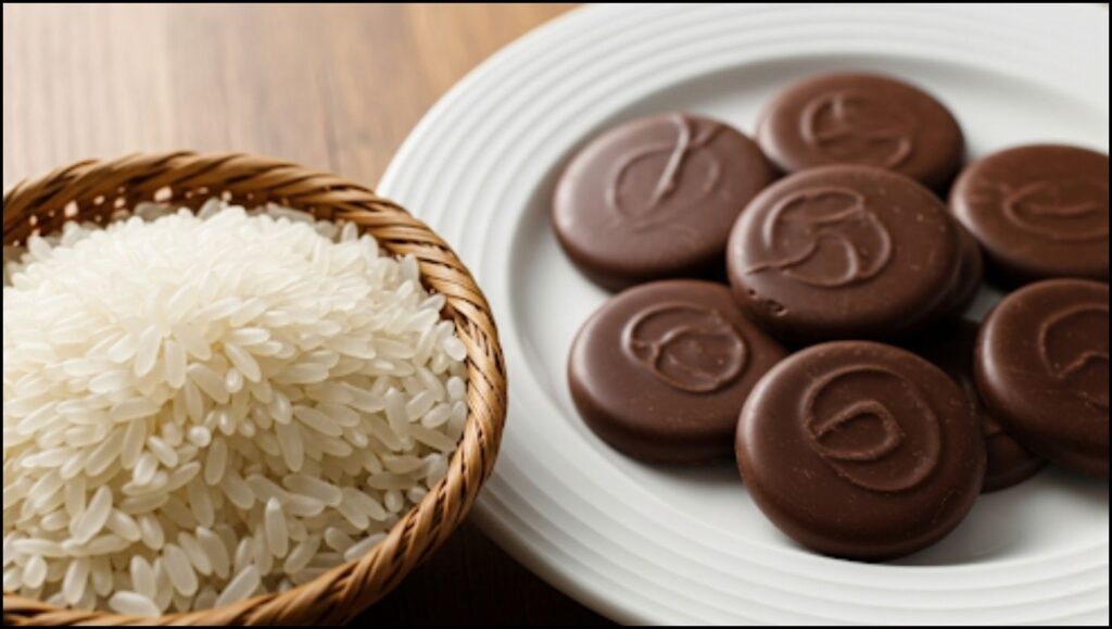 uncooked glutinous rice with chocolate discs