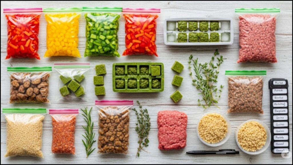 various meal prep components ready for the freezer