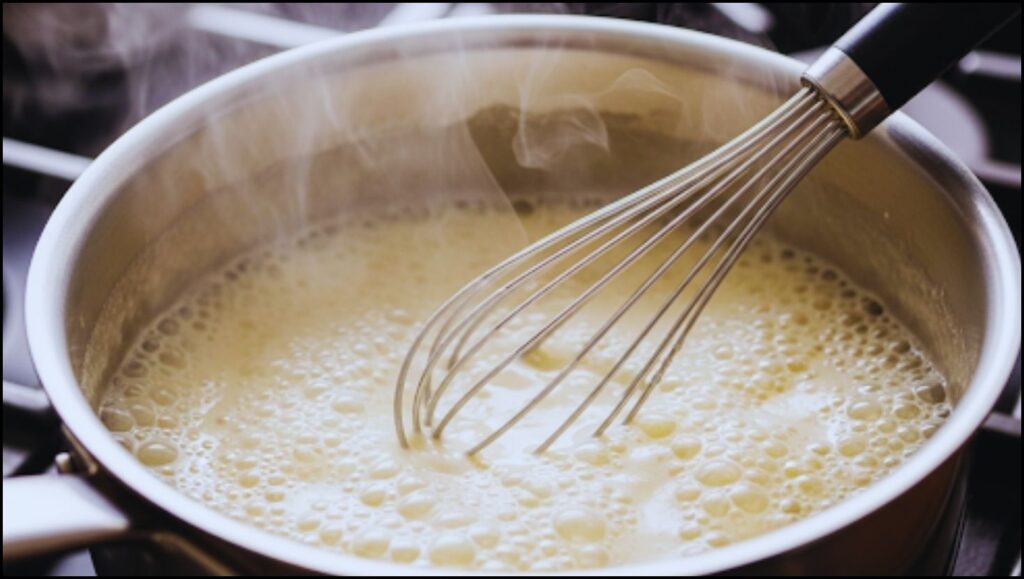 whisk stirring a creamy white sauce