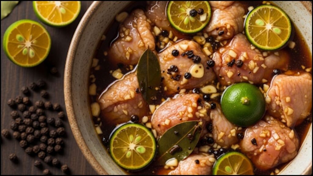 chicken pieces marinating in a mixture of soy sauce